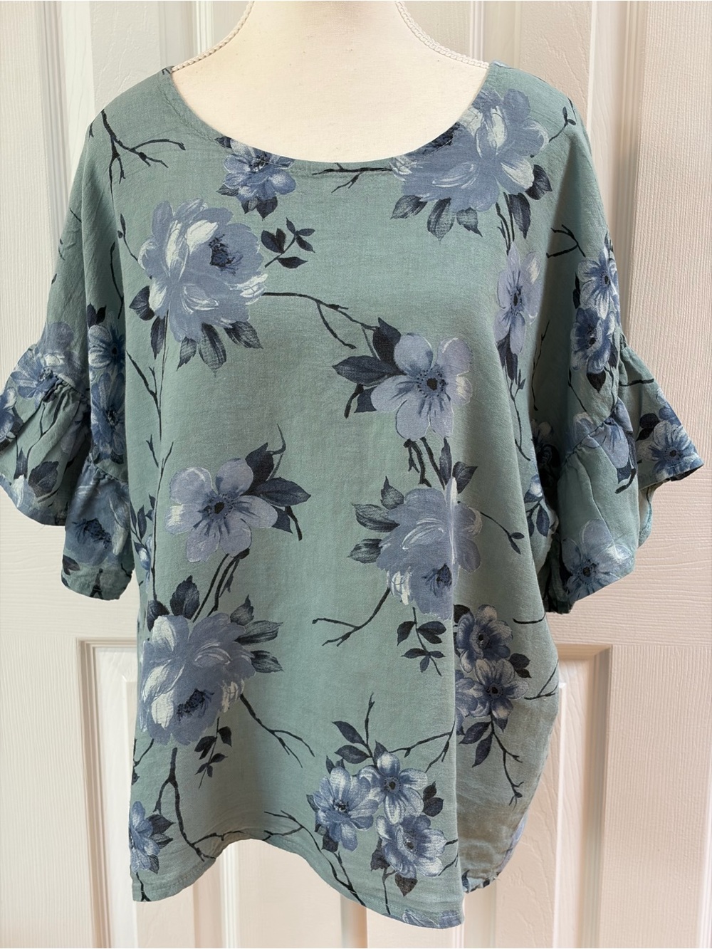 Elena Baldi Blue Floral Agata Print Made in Italy Linen Flowy Top Size L